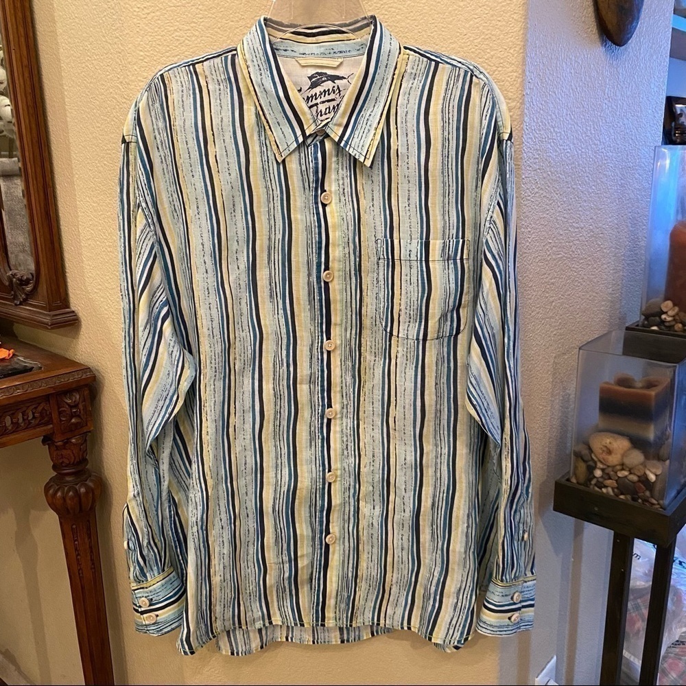 TOMMY BAHAMA Men 100% Linen Striped Buttoned Long Sleeve Shirt Size XL